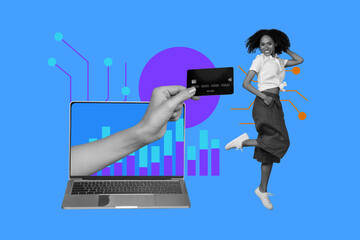 Composite image montage artwork 3D collage of charts graphics business trader success laptop hand hold credit card young lady stand smile