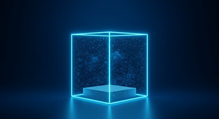 Blue neon cube in dark and blue scene with blue floating in the air empty podium inside