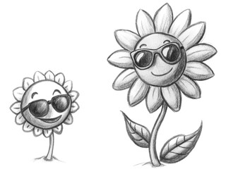 Cartoon sunflowers with sunglasses isolated on transparent background, summer and happiness