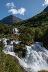 waterfall Kleivafossen fed by Briksdal Glacier.  Olden, Norway