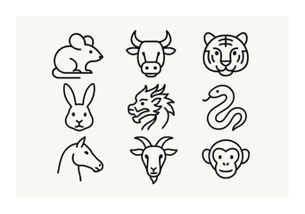 Minimalist zodiac animals: rat, ox, tiger, rabbit, dragon, snake, horse, goat, monkey