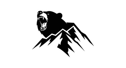 A fierce black bear with its mouth open, roaring atop jagged mountain peaks, rendered in a bold graphic style.