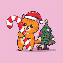Cute Cartoon Cat Hugging Candy Cane Beside Christmas Tree .  Vector Illustration of Whimsical Holiday Scene