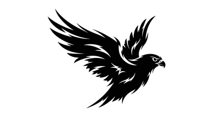 Obraz premium A striking black silhouette of a falcon in mid-flight, wings spread wide, showcasing its sharp features and powerful form.