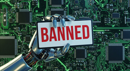 Futuristic Robot Hand Holding Banned Digital Sign Over Green Circuit Board