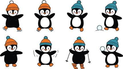 Cute cartoon penguin characters, winter hats, ice skating, skiing, dancing, jumping, stopwatch, cracked egg, playful poses, funny animals, holiday season, children illustration