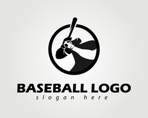 A simple baseball logo with a symbol of a professional swinging a baseball bat, with a circle around it, and a black and white color concept.