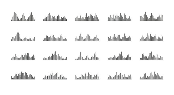 Dynamic sound wave patterns collection for audio visualization projects, representing fluctuating music frequencies and equalizer displays in a clean, adaptable vector format