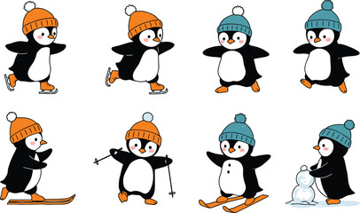 Cartoon penguins winter sports activities, cute penguin ice skating skiing snowman building, funny animal characters in hats boots, children holiday illustration vector design