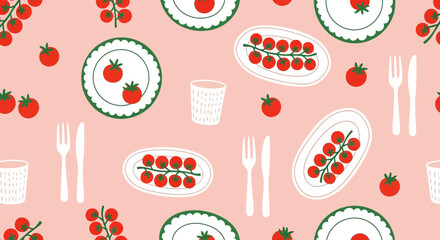 Cute Illustrated Tomato Pattern With Plates And Utensils On A Light Pink Background