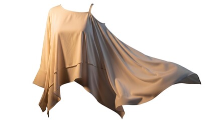 Women’s asymmetrical hem shirt on white background, flowing silhouette highlighted, warm softbox illumination.