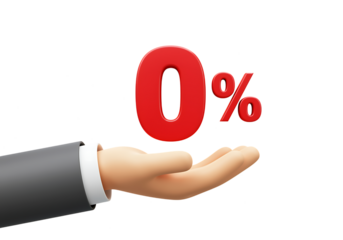 Hand holding a glossy red zero percent sign on transparent background