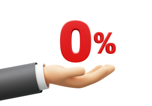 Hand holding a glossy red zero percent sign on transparent background - Powered by Adobe