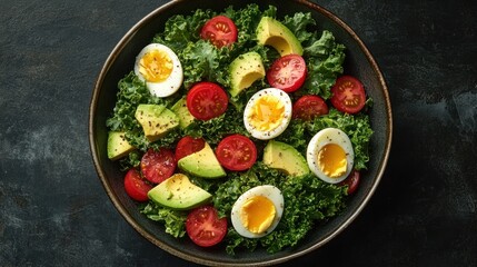 Colorful kale salad with avocado, tomatoes, and eggs