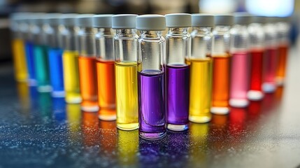 Colorful liquid samples in small glass vials arranged in a pattern