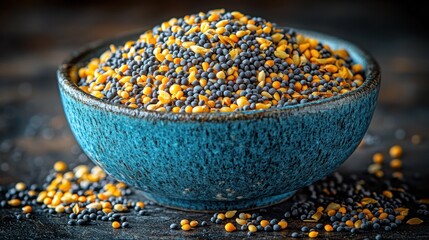Colorful mix of seeds in a blue bowl