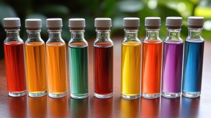 Colorful liquid samples in small bottles