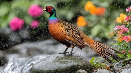 Obraz premium Colorful pheasant on a rock by a stream, surrounded by flowers in the rain