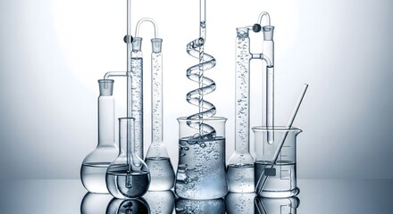 Detailed still life composition of various laboratory glassware filled with clear chemical liquid and bubbles essential for science experiments and research development