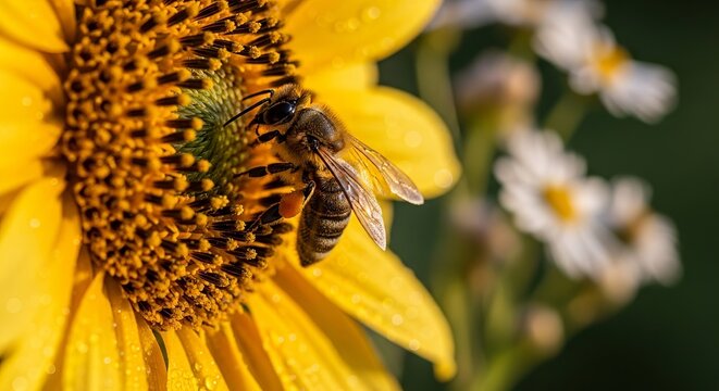 Honeybee gathering pollen from a vibrant yellow sunflower in a sunlit garden on a warm summer day showcasing nature's beauty and pollination