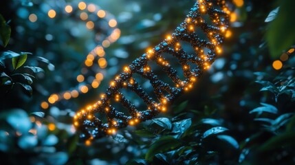 DNA helix glowing in dark, lush foliage