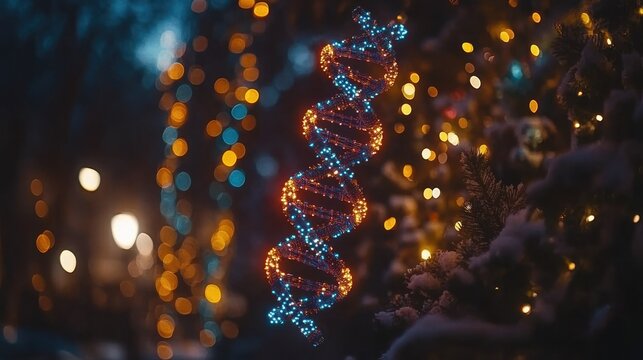 DNA helix, festive lights, snowy trees
