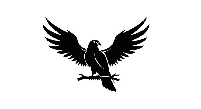 A striking black silhouette of a hawk perched on a branch with its wings spread wide.