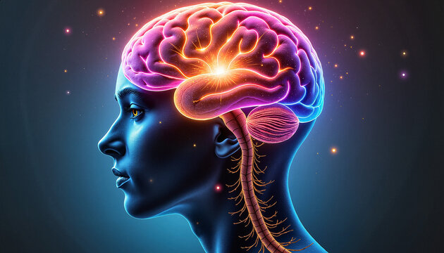 Human head silhouette with glowing brain and spinal cord, concept for mental health and neurology