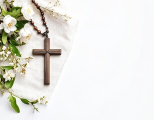 Elegant simplicity cross necklace with flowers on a linen background, faith symbol