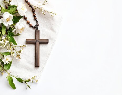 Elegant simplicity cross necklace with flowers on a linen background, faith symbol