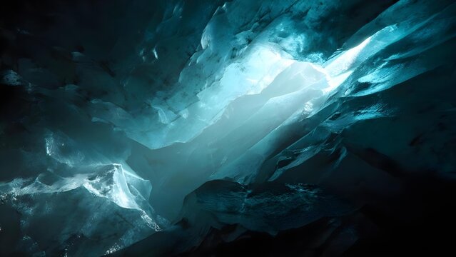 Blue ice cave with jagged walls illuminated by a soft turquoise glow. Concept Ice Cave Photography, Turquoise Glow Lighting, Jagged Ice Walls, Cold Adventure Portraits, Textured Ice Details - Powered by Adobe