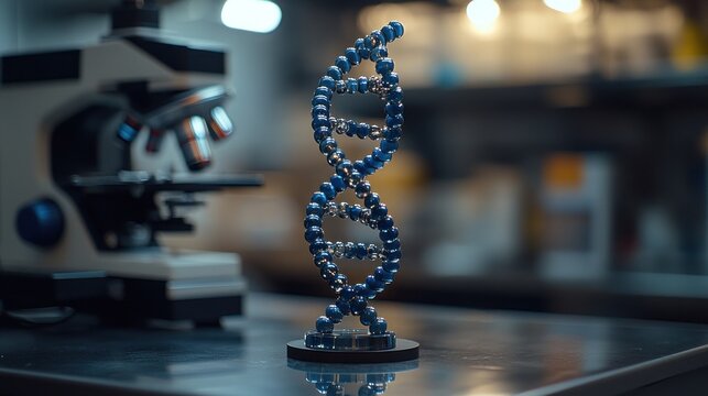 DNA model on lab table with microscope