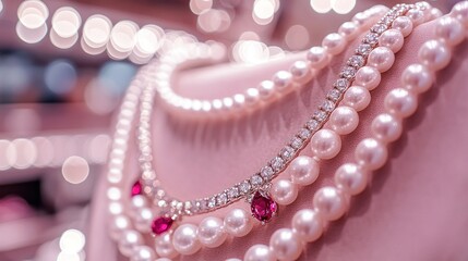 Elegant pearl necklaces with diamonds and rubies on a pink display