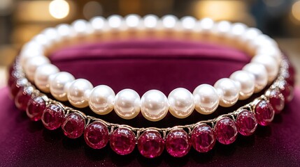 Elegant pearl and ruby necklaces on display
