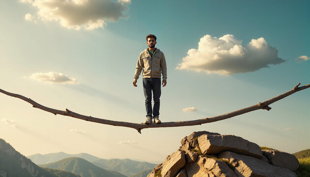 Man balances on branch, displaying emotional equilibrium in nature's challenge, fostering mental health awareness. Man on branch requires unwavering concentration and inner strength,