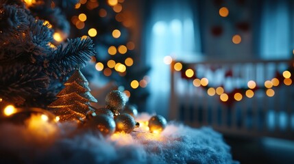 Festive Christmas scene with lights, ornaments, and tree