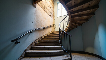 Spiral staircase in an old building representing growth and ascent