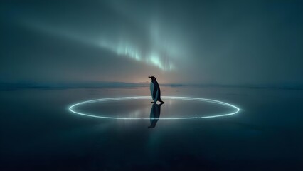 A penguin stands on a reflective ice surface inside a glowing neon circle, under the aurora borealis. Concept Penguin portrait, Reflective ice surface, Neon circle glow, Aurora borealis backdrop