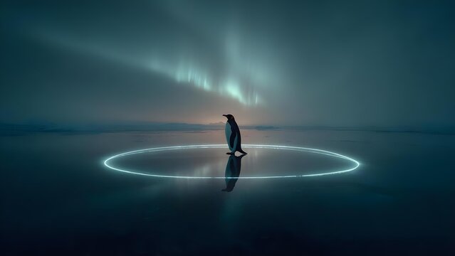 A penguin stands on a reflective ice surface inside a glowing neon circle, under the aurora borealis. Concept Penguin portrait, Reflective ice surface, Neon circle glow, Aurora borealis backdrop