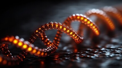 Fiery, glowing DNA spiral on dark surface