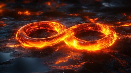Fiery infinity symbol on molten rock