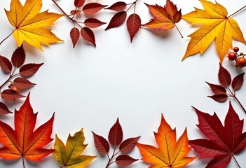 Fototapeta premium Bright autumn leaves in shades of red, orange and yellow, decorated in a decorative frame on a pure white background, create a seasonal atmosphere. Copy space