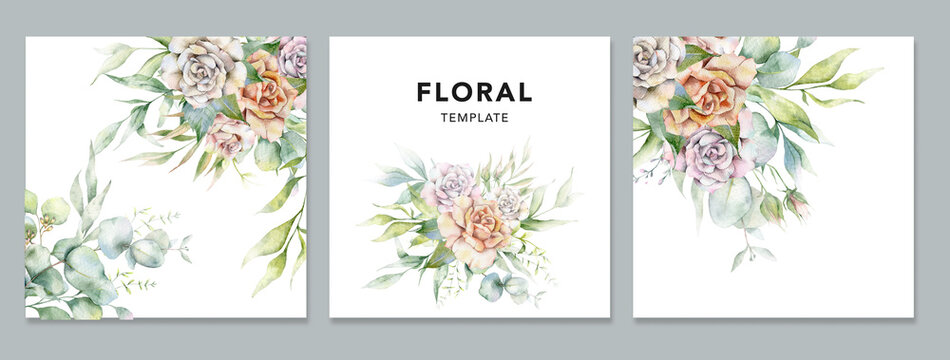 Botanical Watercolor Background with greenery, branches, eucalyptus and flowers. Floral Watercolor Illustration. Spring natural Template. Perfect for Elegant wedding invitations, save the date, poster