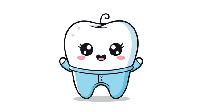 Adorable cartoon baby tooth character wearing a blue onesie, smiling sweetly, perfect for pediatric dental health illustrations.