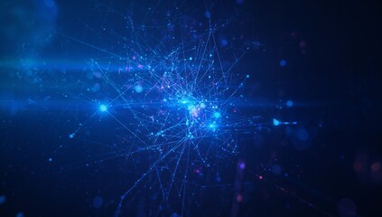 Glowing network cluster floating in cyber void, with lines and nodes, light flares and particles