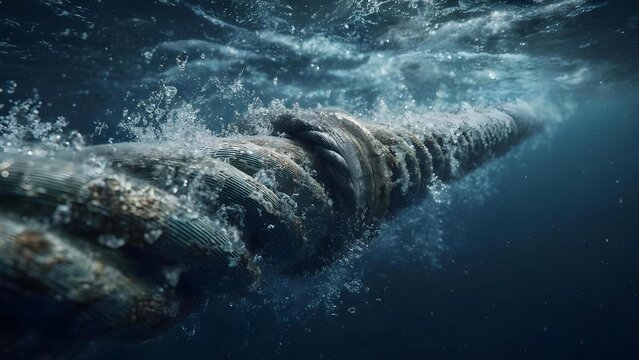 Underwater view of a long ribbed pipeline, covered with barnacles and algae, surrounded by bubbles in deep blue ocean. Concept Underwater pipeline, Barnacle-encrusted structure