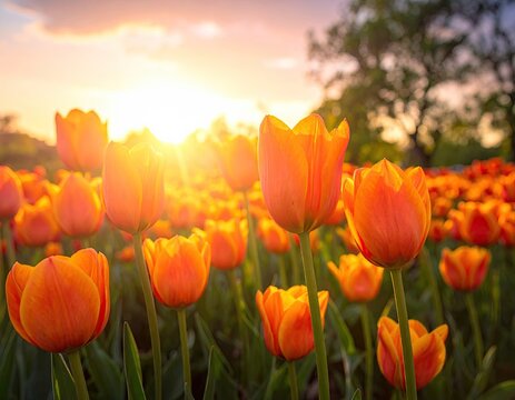 Radiant Orange Tulips in Golden Light at Sunset in Springtime