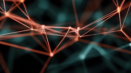 Abstract network of glowing orange lines connecting bright nodes against a dark teal background. Concept Abstract glowing network with orange lines and bright nodes