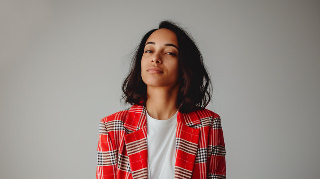 Mulher s&eacute;ria em blazer xadrez vermelho e camiseta branca em fundo cinza claro.
