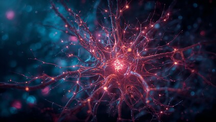 Displaying central neuron cell body glowing in neural tissue with dendritic branches and synapses